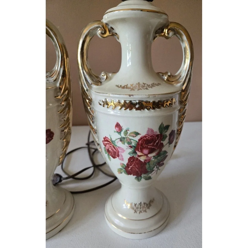 Vintage Pair Floral Porcelain Urn Table Lamps White Gold Roses Hollywood Regency